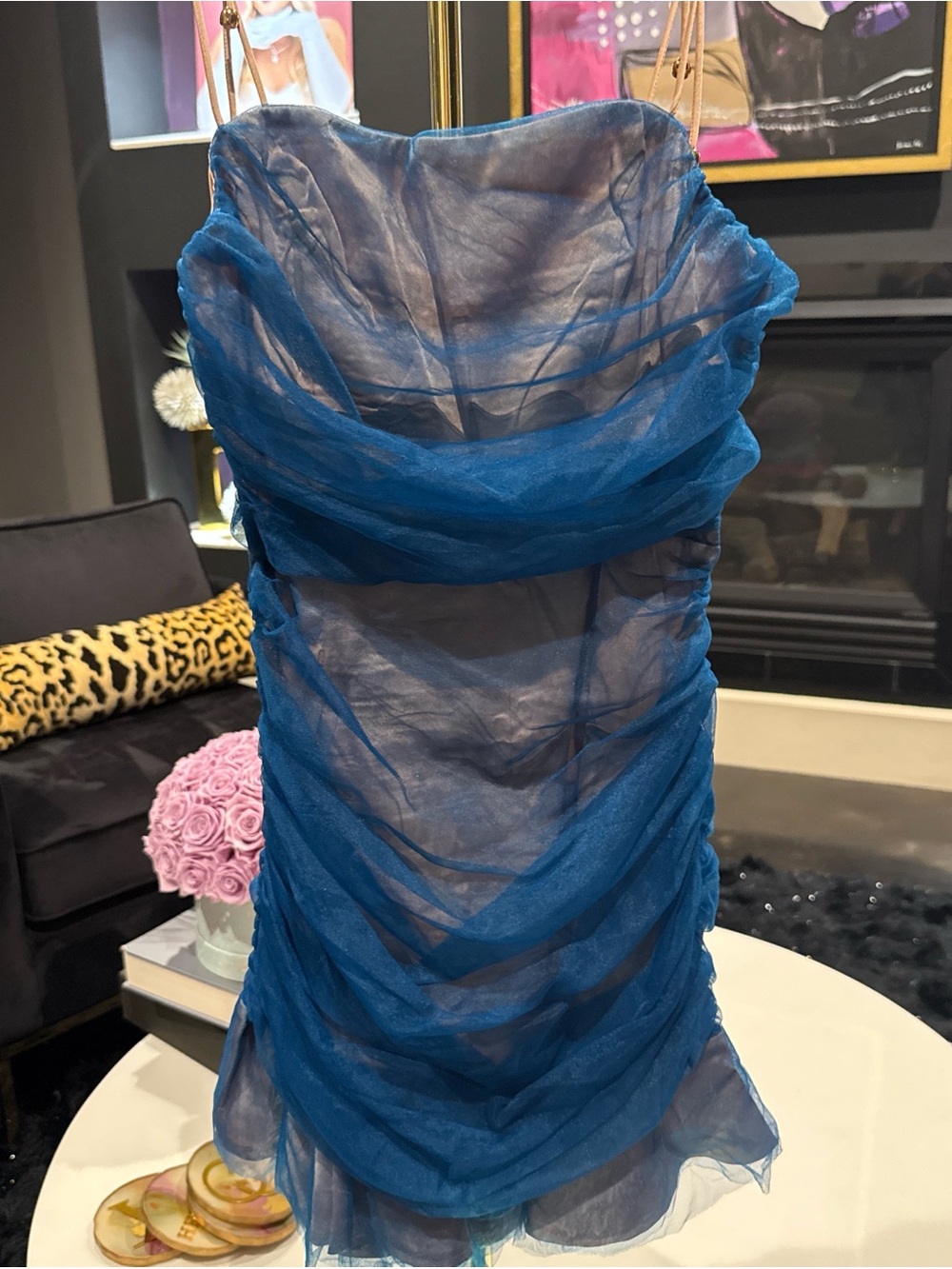 Blue Ruched Strap Mini Dress with Ruffle Hem - Picture 3 of 3